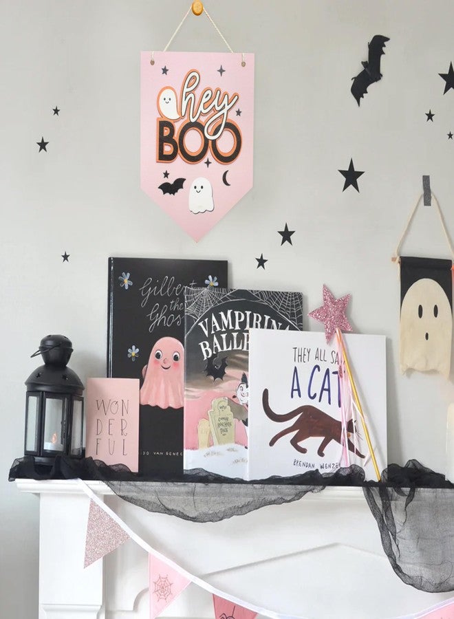 HGFC Halloween Hey Boo Sign For Front Door Decor, Spooky Pink Ghost Wood Door Hanger For Outdoor Outside Porch, Halloween Wall Hanging, Cute Halloween Sign - Image 5